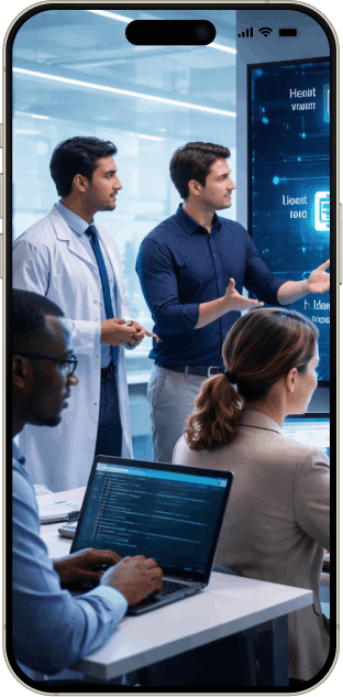 Software company team integrating dental technology platform inside mobile UI
