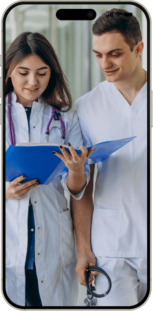 Medical providers collaborating and reviewing patient health records
