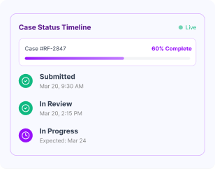 Status tracking dashboard showing real-time case progress updates