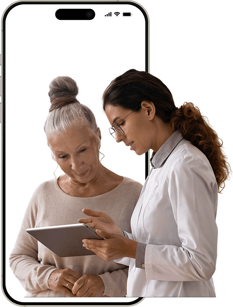Direct access practitioners consulting patient inside mobile frame