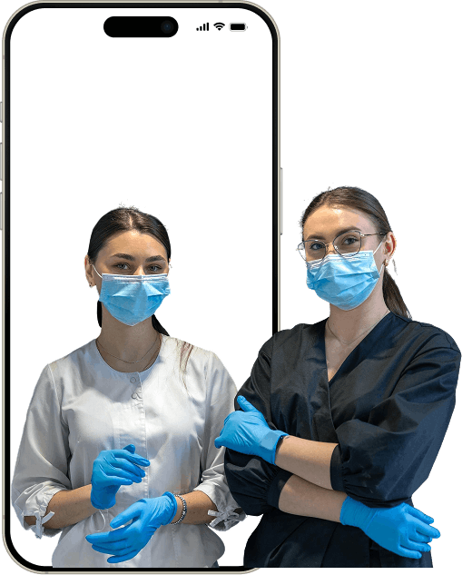 Hygienists inside mobile screen with masks and gloves