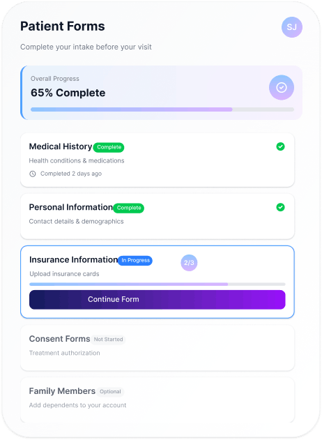 Patient digital intake forms interface