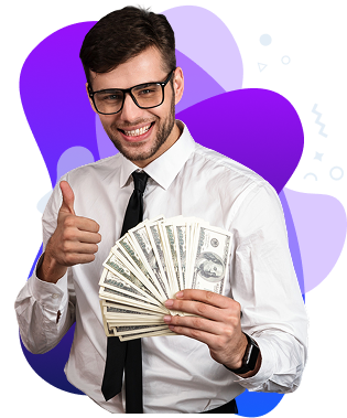 Business professional holding cash and giving thumbs up