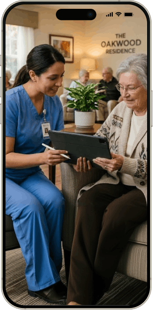Nursing home dentist assisting elderly patient using mobile platform