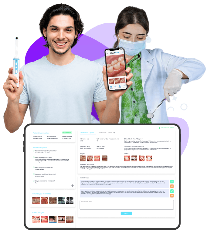 Patient holding smartphone showing intraoral dental image while dentist assists