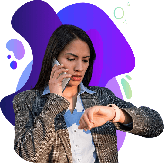 Woman checking time on watch while on phone representing last-minute scheduling