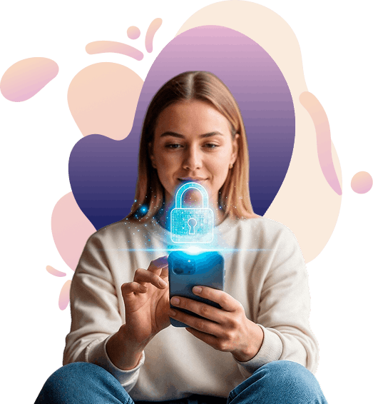 Woman using mobile phone with lock icon representing secure messaging