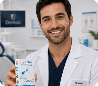 Dental professional holding CrystLCare product