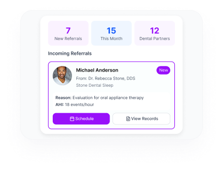 Referral dashboard showing incoming oral appliance referrals