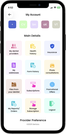 Patient chart mobile interface showing account and screening options