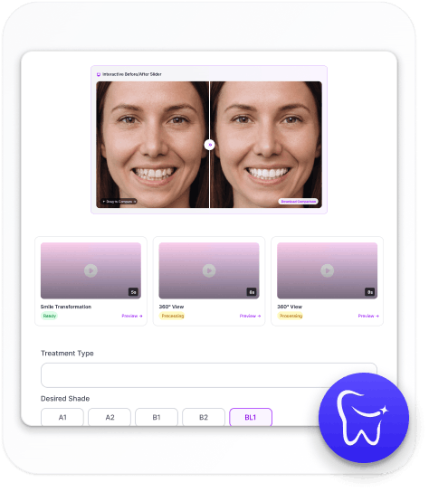 AI smile design interface generating realistic before and after dental transformations with video preview