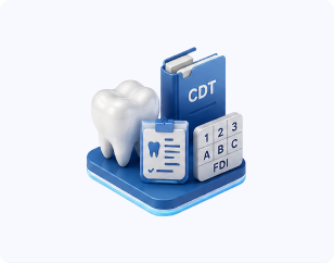 Dental training illustration with CDT codes and clinical tools