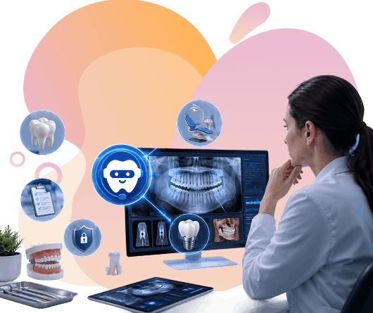 Dentist using AI platform for diagnostics with dental imaging and analytics