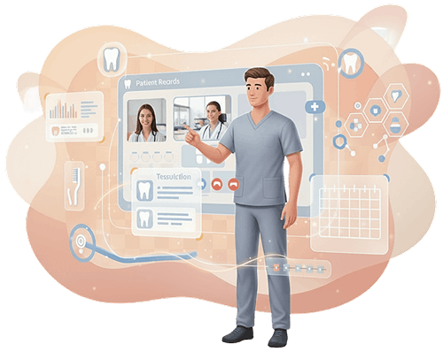 Telemedicine platform interface showing dental consultation alongside other healthcare specialties