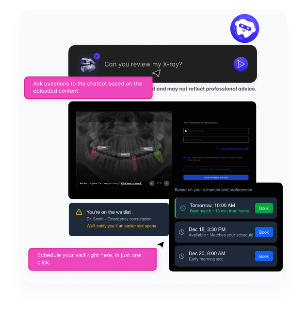 AI dental assistant dashboard helping patients with chat and image assessment