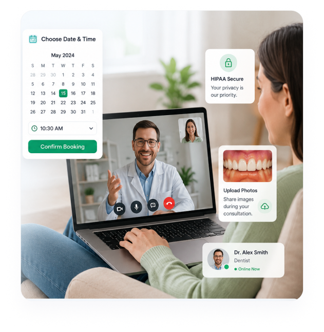 Patient attending a live dental video consultation on laptop