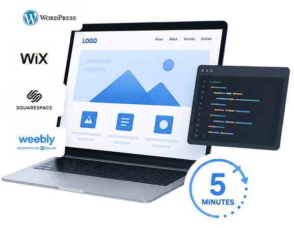 Laptop showing Dentulu widget integration with WordPress, Wix, Squarespace and Weebly